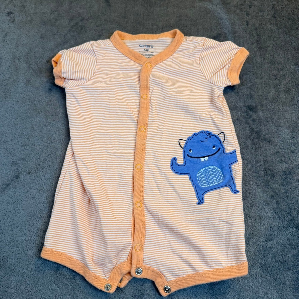 Carters Monster Striped Romper Baby 6 Months Orange Snap Front Cotton
